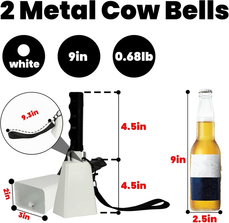 CAPHONT 2pcs Cowbells Steel Cow Bell 9 inch Cowbell Noise Makers Cheering Hand Bell with Wrist Strap for Sports Events,Football Games,Party,Farm, Musical Instruments (White) - Image 2